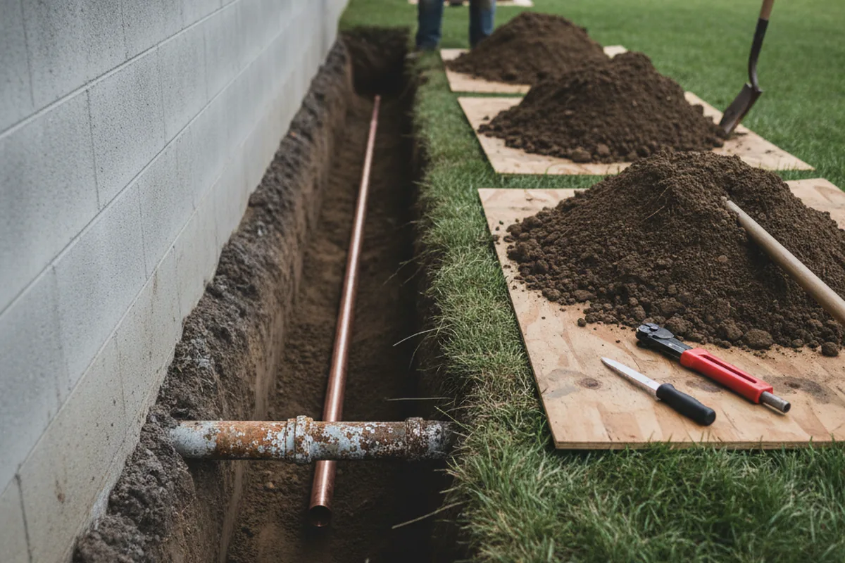 Excavated water line trench during Water Heater Repair in Ozark